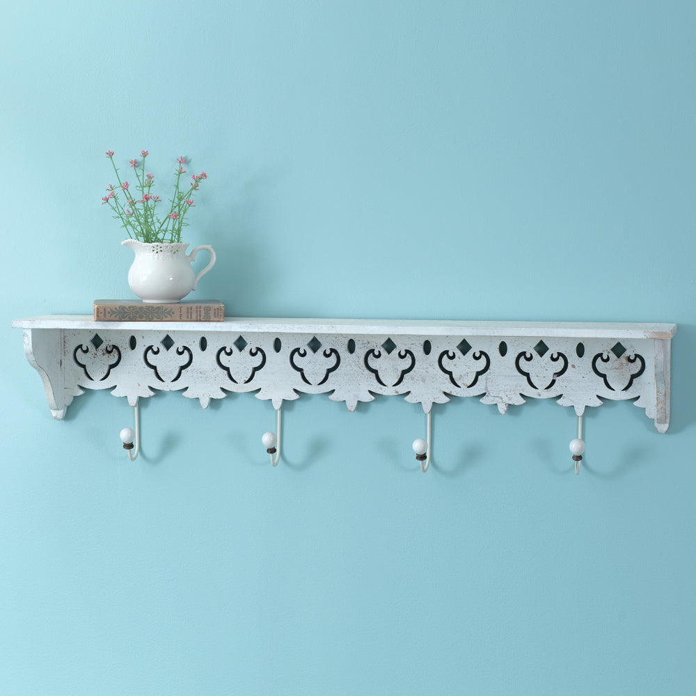 Load image into Gallery viewer, Maribelle Wood Wall Shelf with Four Hooks
