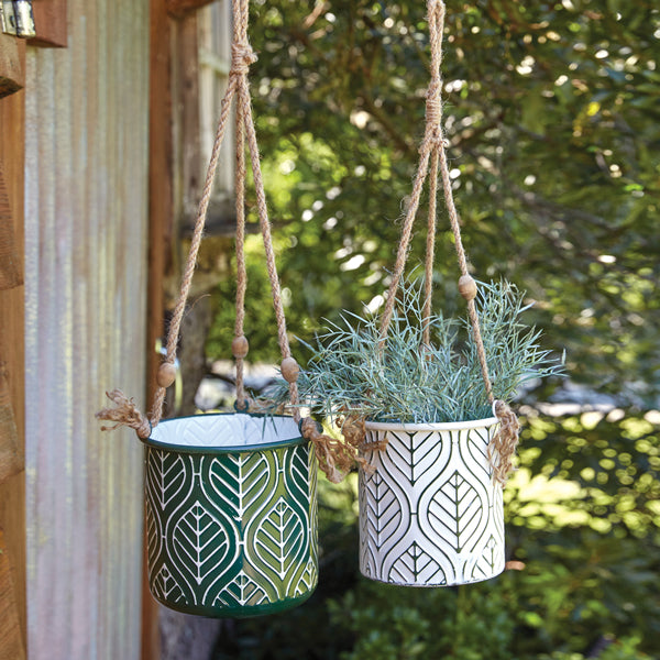 Load image into Gallery viewer, Set of Two Green and White Hanging Metal Planters
