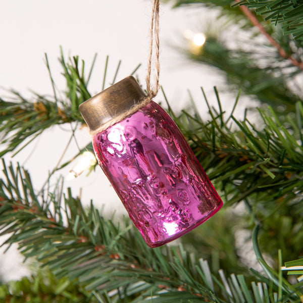 Glass Mini Mason Jar Hanging Christmas Ornament - Mercury Pink - Box of 6