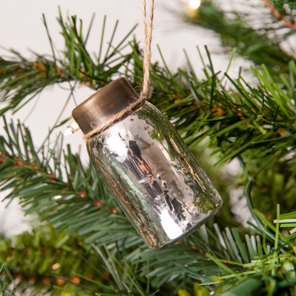 Glass Mini Mason Jar Hanging Christmas Ornament - Mercury Silver - Box of 6