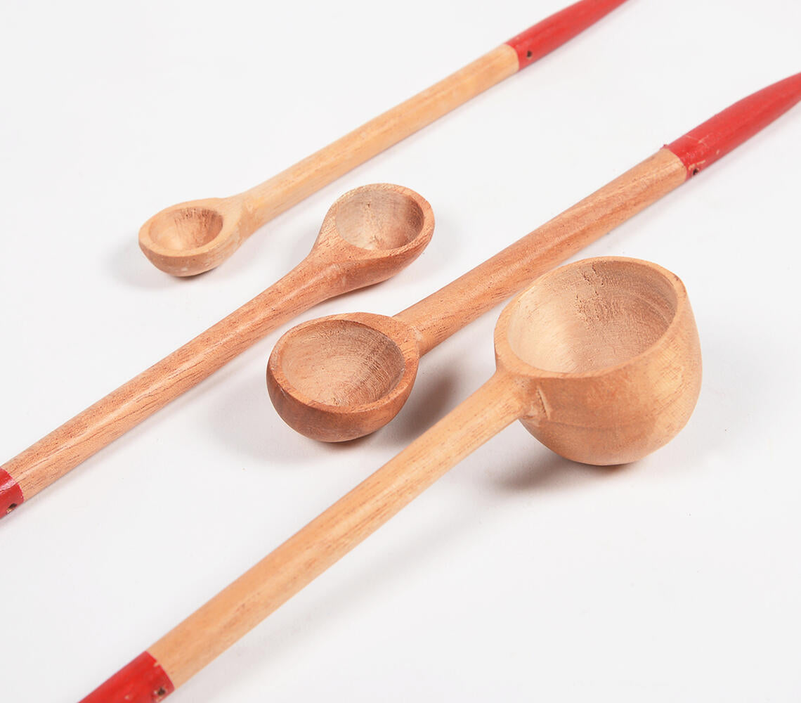 Hand carved neem wood red measuring spoons (set of 4)