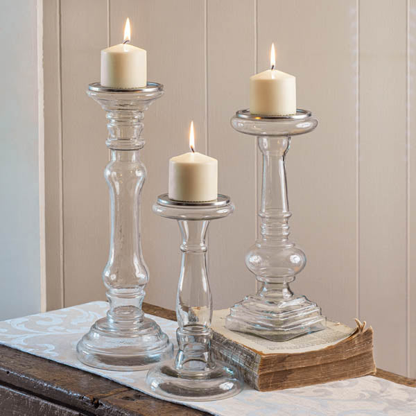 Set of Three Glass Pillar Candle Holders